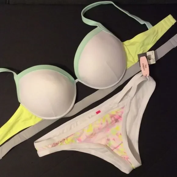 NWT VS 36DD/M BIKINI WHITE NEON YELLOW PALM PRINT - Picture 1 of 4